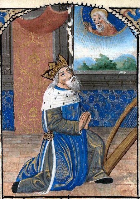 O rei Davi compondo os Salmos inspirado por Deus O rei Davi compondo os Salmos inspirado por Deus, Manuscrito na Universidade de California - Berkeley, nº 131