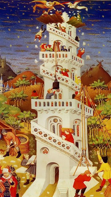 Anjos dispersam os construtores da Torre de Babel, Bedford Book of Hours Anjos dispersam os construtores da Torre de Babel, Bedford Book of Hours